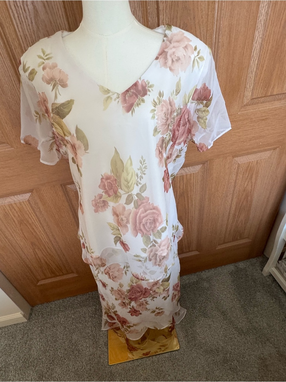 Floral V-Neck Chiffon Dress in Blush and Olive